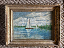 Load image into Gallery viewer, Antique early 20th Century impressionist style landscape oil painting on canvas boat on lake