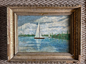 Antique early 20th Century impressionist style landscape oil painting on canvas boat on lake