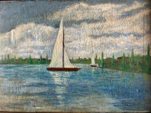Load image into Gallery viewer, Antique early 20th Century impressionist style landscape oil painting on canvas boat on lake