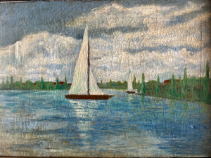 Antique early 20th Century impressionist style landscape oil painting on canvas boat on lake