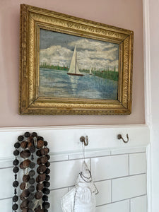 Antique early 20th Century impressionist style landscape oil painting on canvas boat on lake