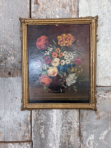 Antique floral still life oil painting on board signed J Brandt