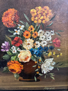 Antique floral still life oil painting on board signed J Brandt