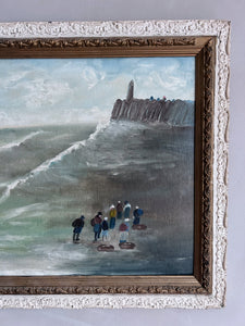 Antique seascape coastal naive oil painting on board