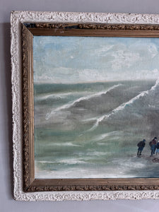 Antique seascape coastal naive oil painting on board