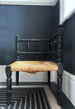 Load image into Gallery viewer, Antique late 19th Century arts and crafts turned ebonised wooden rush seat corner chair