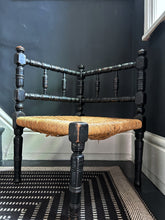 Load image into Gallery viewer, Antique late 19th Century arts and crafts turned ebonised wooden rush seat corner chair