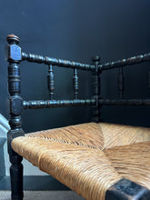 Load image into Gallery viewer, Antique late 19th Century arts and crafts turned ebonised wooden rush seat corner chair