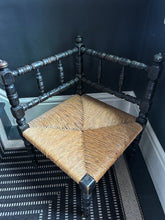 Load image into Gallery viewer, Antique late 19th Century arts and crafts turned ebonised wooden rush seat corner chair