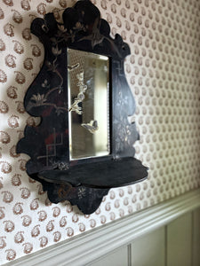Antique late 19th Century papier mache chinoiserie hand painted mirror with shelf
