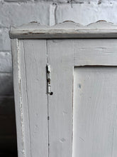 Load image into Gallery viewer, Antique painted scallop top wooden wall cabinet with brass handle