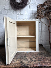Load image into Gallery viewer, Antique painted scallop top wooden wall cabinet with brass handle
