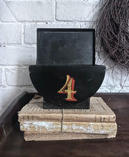 Load image into Gallery viewer, Antique toleware metal lidded tin with number 4