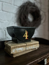 Load image into Gallery viewer, Antique toleware metal lidded tin with number 4
