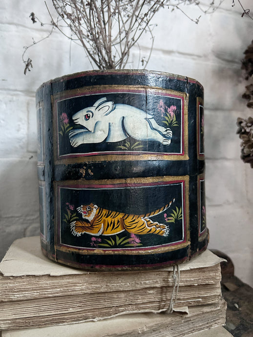 Antique wooden folk art hand painted Indian Asian rice  bucket