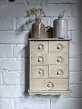 Load image into Gallery viewer, Antique wooden original cream painted small apothecary spice cabinet 
