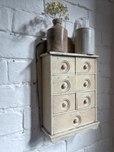 Load image into Gallery viewer, Antique wooden original cream painted small apothecary spice cabinet 
