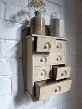 Load image into Gallery viewer, Antique wooden original cream painted small apothecary spice cabinet 