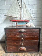Load image into Gallery viewer, Antique dark wooden watch makers desk top storage drawers