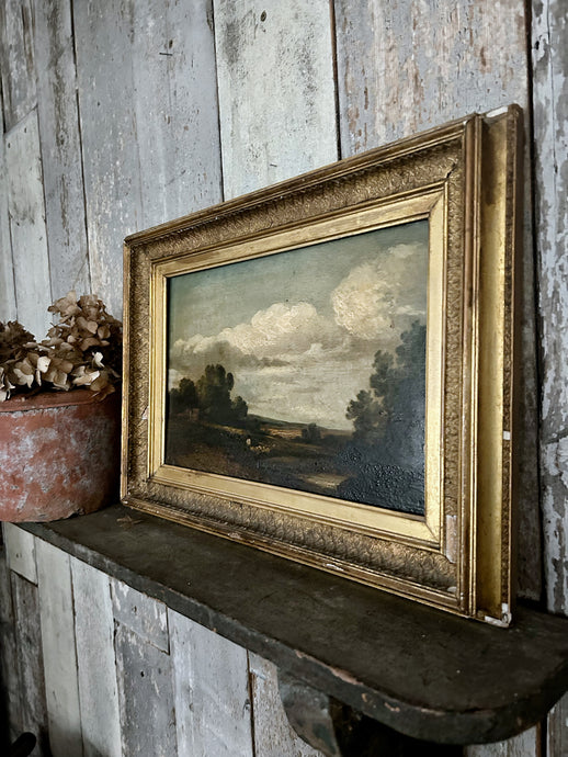 Antique early 19th century oil painting on wooden panel naive primitive farm scene