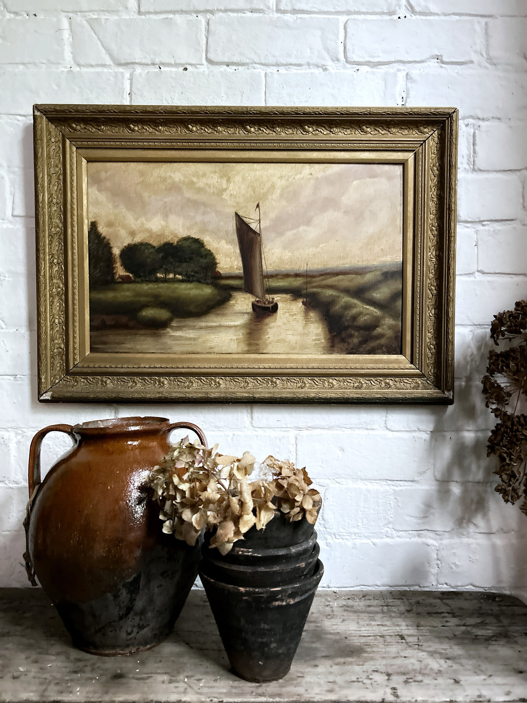 Antique early 20th Century British Modernist oil painting Norfolk Broads boats