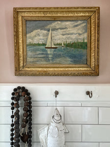 Antique early 20th Century impressionist style landscape oil painting on canvas boat on lake