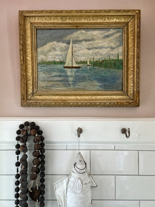 Antique early 20th Century impressionist style landscape oil painting on canvas boat on lake