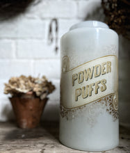 Load image into Gallery viewer, Antique early 20th Century white opaque milk glass dispensary chemist apothecary Powder Puffs jar