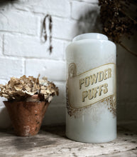 Load image into Gallery viewer, Antique early 20th Century white opaque milk glass dispensary chemist apothecary Powder Puffs jar