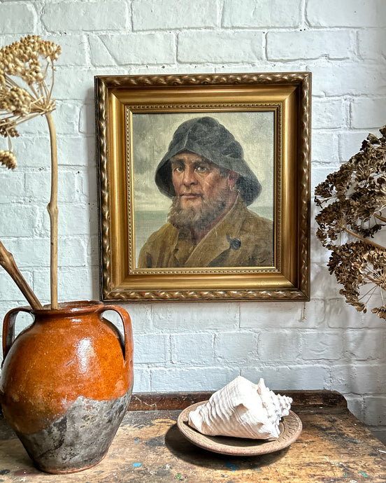 Antique Early 20th century Sailor fisherman portrait oil painting on canvas framed & signed