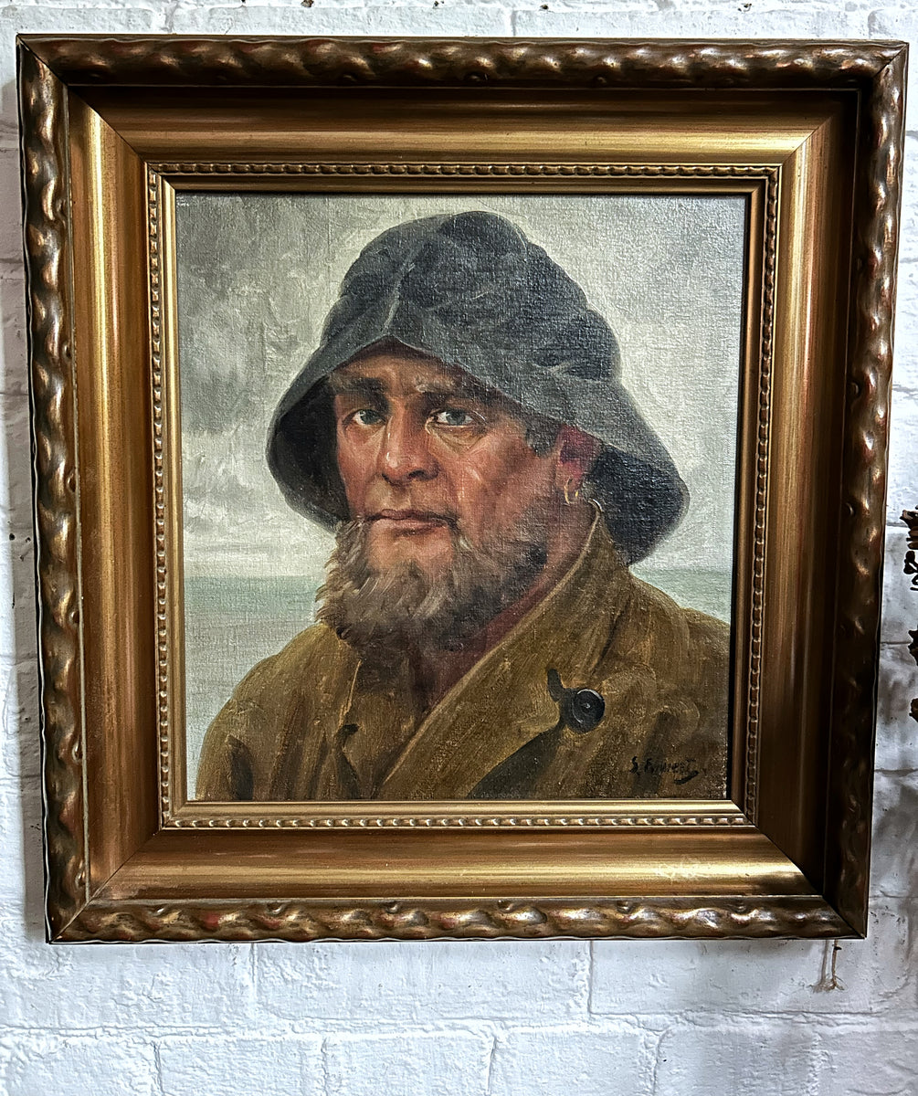 Antique Early 20th century Sailor fisherman portrait oil painting on c ...