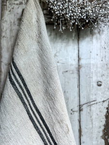 Antique eastern european linen grain sack with black stripe