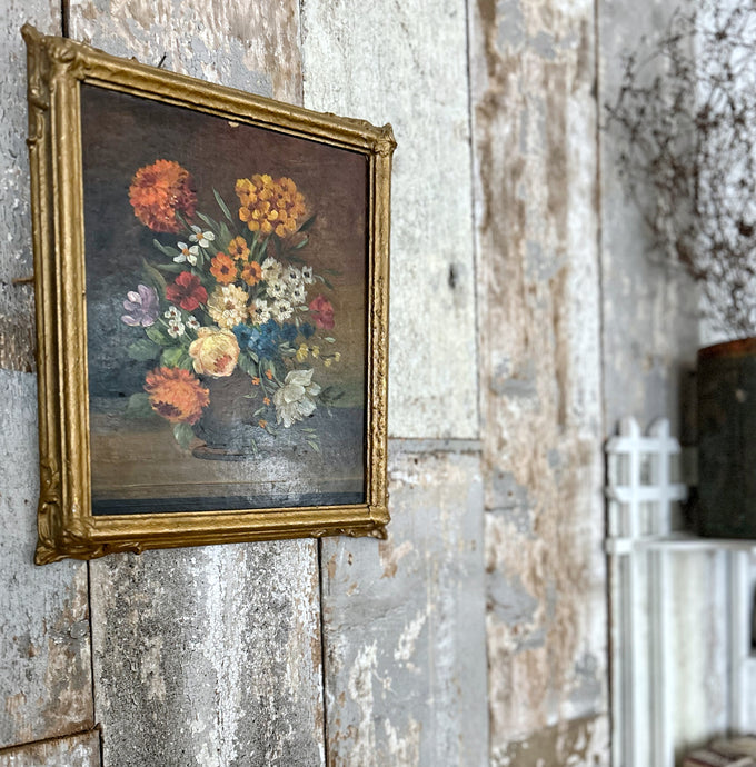 Antique floral still life oil painting on board signed J Brandt