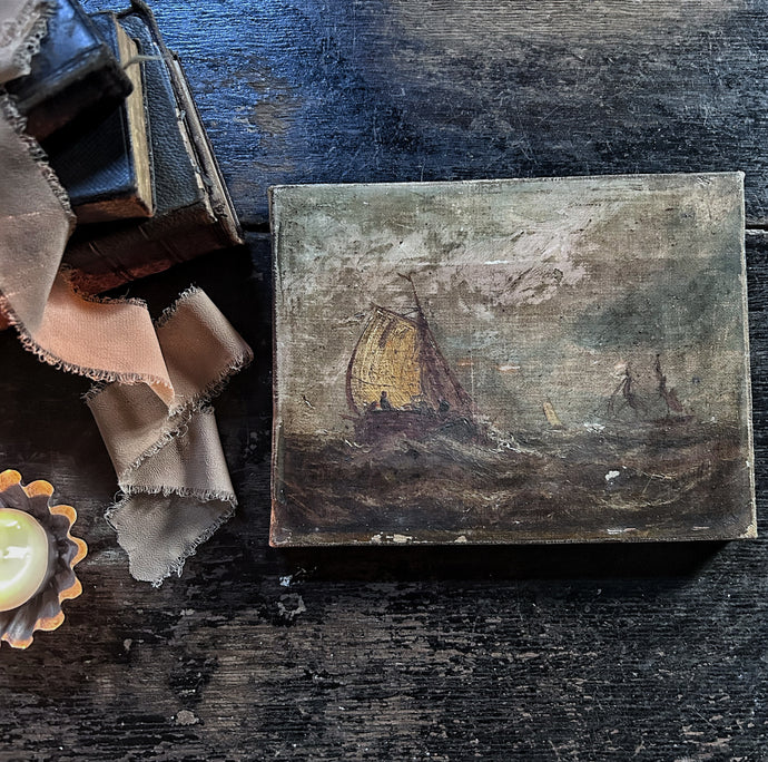Antique miniature 19th Century Dutch seascape oil painting on canvas