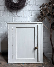 Load image into Gallery viewer, Antique painted scallop top wooden wall cabinet with brass handle