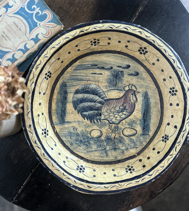 Antique papier mache blue cream decorative hand painted folk art bowl