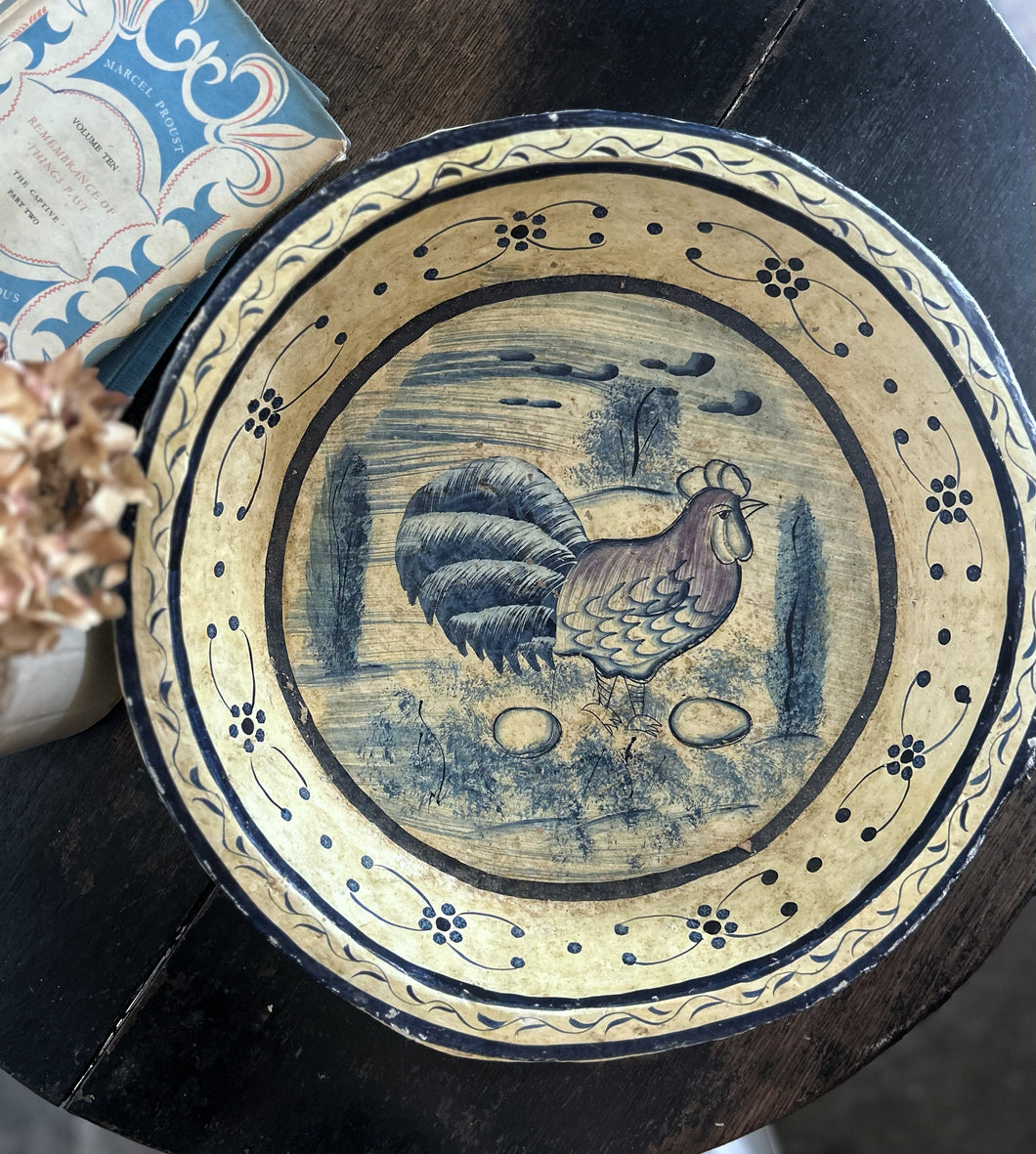Antique papier mache blue cream decorative hand painted folk art bowl
