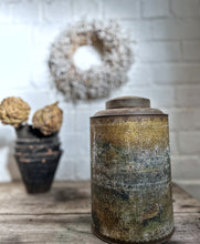 Load image into Gallery viewer, Antique rustic toleware tea canister metalic rusted patina