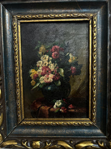 An antique small Still life oil painting on canvas floral flowers