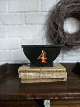 Load image into Gallery viewer, Antique toleware metal lidded tin with number 4