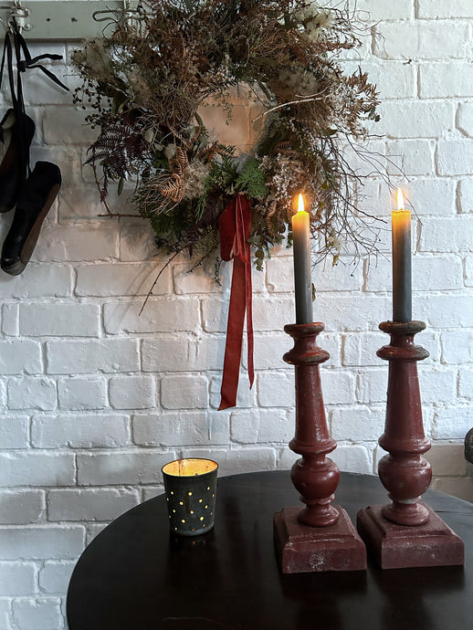 Antique turned wooden scandinavian red painted pair of candlesticks
