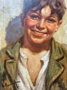 Antonio Vallone Italian Vintage signed portrait of smiling boy oil painting on canvas