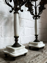 Load image into Gallery viewer, A pair of French antique 19th century white alabaster &amp; metal decorative candle sticks candleabra
