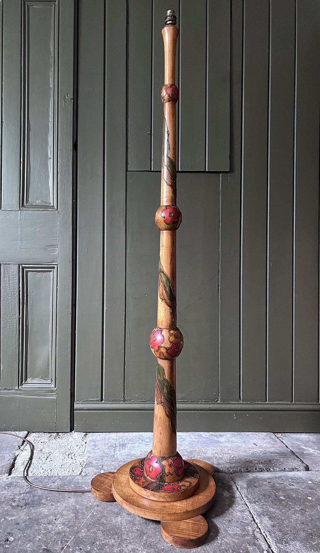 Art deco 1930's hand painted floral beech floor lamp