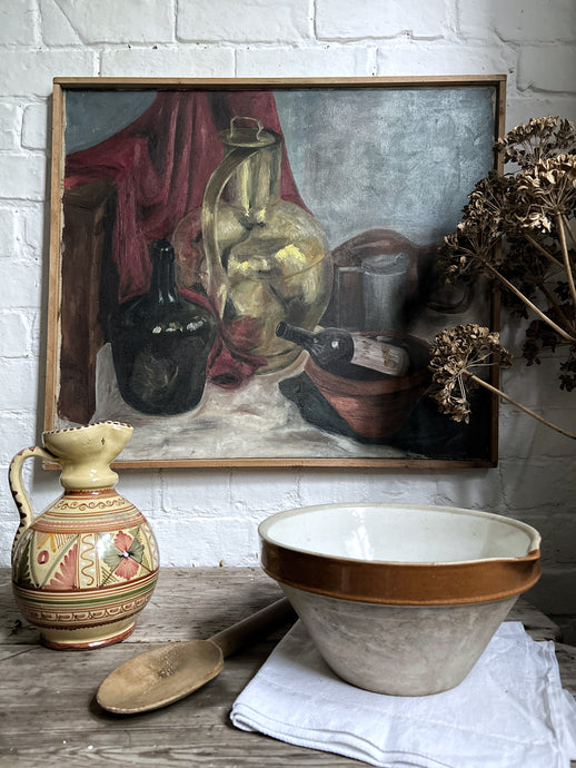 A belgium Vintage still life kitchen scene oil painting on canvas