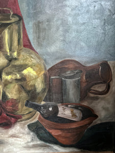 A Mid century Modernist vintage still life kitchen scene oil painting on canvas
