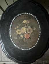 Load image into Gallery viewer, Black Victorian tilt top papier mache table with floral top and mother of pearl inlay