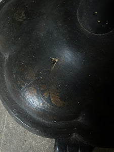 Black Victorian tilt top papier mache table with floral top and mother of pearl inlay