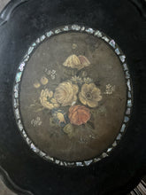 Load image into Gallery viewer, Black Victorian tilt top papier mache table with floral top and mother of pearl inlay