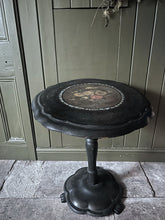 Load image into Gallery viewer, Black Victorian tilt top papier mache table with floral top and mother of pearl inlay